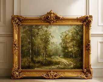 Vintage Horse Rider Forest Oil Painting, Moody Cottagecore Landscape (Instant Download)