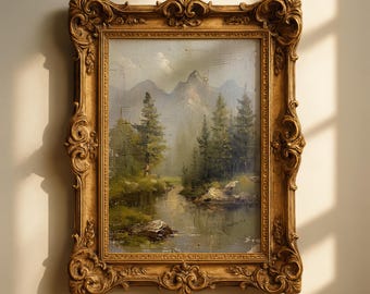 Vintage Forest River Print, Mountain Landscape Painting, Cottagecore French Country Decor (Digital Download)