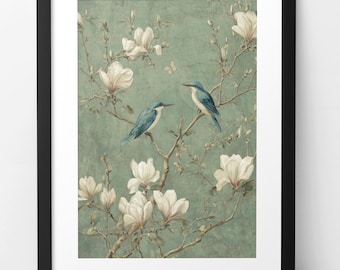 Stampa botanica vintage Chinoiserie Magnolia e Bluebird - Download immediato di arte murale con farfalla verde acqua