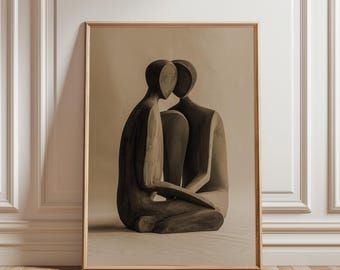 Impression abstraite vintage de sculpture de couple - Art minimaliste romantique, décoration murale sépia de style antique (téléchargement numérique)
