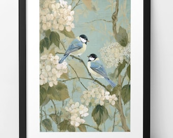 Elegante stampa digitale di uccelli canterini blu e ortensie in stile cinese: decorazione murale botanica vintage