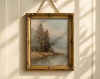 Vintage Lake Forest Print, Misty Mountain Landscape, French Country Printable Decor