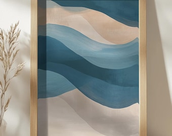 Stampa digitale di onde astratte blu ispirate alla costa: moderna arte murale minimalista per l'arredamento di case sulla spiaggia