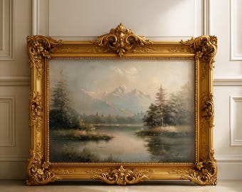 peinture à l'huile vintage Mountain Lake, paysage rustique cottagecore (téléchargement numérique)