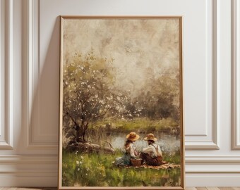 Quadro con coppia romantica che fa un picnic in riva al lago, stile country francese cottagecore (download digitale)