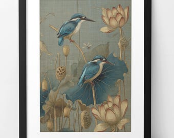 Elegant Chinoiserie Kingfishers & Lotus Vintage Botanical Wall Art Printable Digital Download on Sage