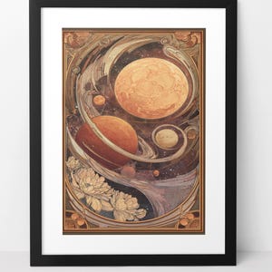 May include: Framed art print featuring a celestial design with planets, stars, and floral elements. The artwork showcases a large orange planet, a ringed planet, and other celestial bodies. The frame is black.