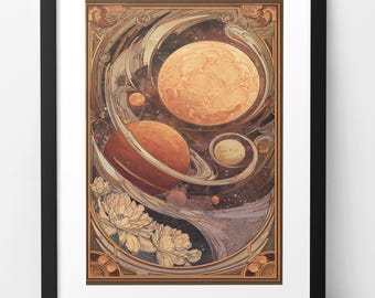 Décoration murale céleste Art nouveau : affiche du système solaire astronomie vintage - Téléchargement impression galaxie cosmique
