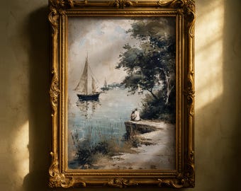 Stampa digitale di un dipinto a olio vintage raffigurante una barca a vela sulla costa francese – Scena romantica sul lago (download digitale)