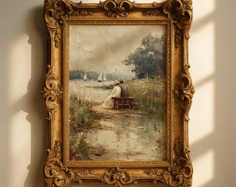 Stampa digitale di un dipinto a olio vintage di una coppia in riva al lago – Arte murale in stile cottagecore francese (Download digitale)