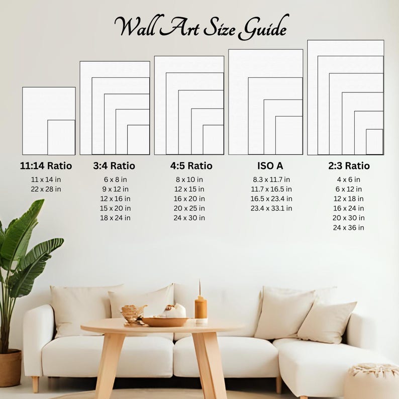 Puede incluir: Una gu&iacute;a de tama&ntilde;os de arte mural con varias relaciones de aspecto y dimensiones en cent&iacute;metros. La gu&iacute;a incluye las proporciones 11:14, 3:4, 4:5, ISO A y 2:3, con tama&ntilde;os como 28 x 35.5 cm y 61 x 91.5 cm. El texto "Wall Art Size Guide" est&aacute; en la parte superior.