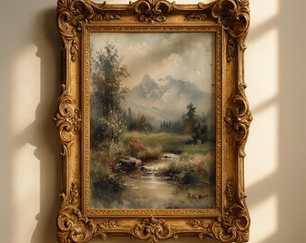 Vintage Mountain Meadow Art Print, Rustic Alpine Stream Painting, French Country Nature Decor Digital Download