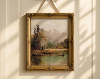 Vintage Mountain Lake Print, Rustic Alpine Landscape Painting, Cottagecore French Country Decor (Digital Download)