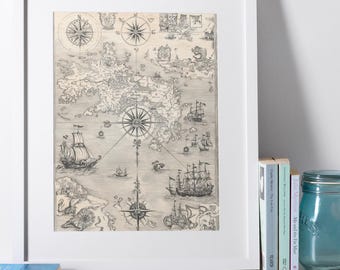 Vintage World Map Print – Nautical Beige Cartography (Digital Download)