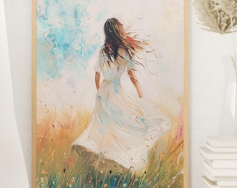 Serene Impressionist Painting: Woman in Meadow Digital Download for Home Decor