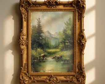 Vintage Forest Lake Print, Rustic Mountain Landscape Painting, Cottagecore Nature (Digital Download)