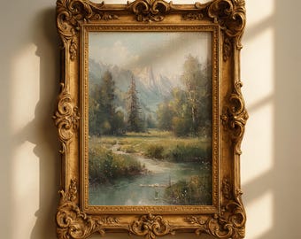 Vintage Mountain Meadow Art Print, Rustic River Landscape Painting (Digital Download)