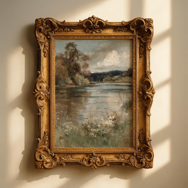 May include: An ornate, gold-colored framed painting depicting a serene landscape with a lake, trees, and a cloudy sky. The painting has a vintage aesthetic, with soft colors and brushstrokes. The frame features intricate carvings.