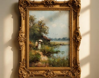 Vintage Lakeside Stroll – French Oil Painting Printable, Romantic Cottagecore Landscape Wall Art (Digital Download)