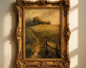 Vintage Meadow Oil Painting Print – Rustic Farmhouse Sunset Landscape (Digital Download)