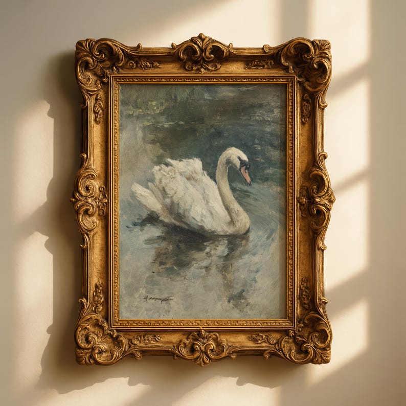 May include: An oil painting of a white swan floating on water, set within an ornate, gold-colored frame. The artwork features soft brushstrokes and a muted color palette, creating a serene and classic aesthetic. The frame has detailed carvings.