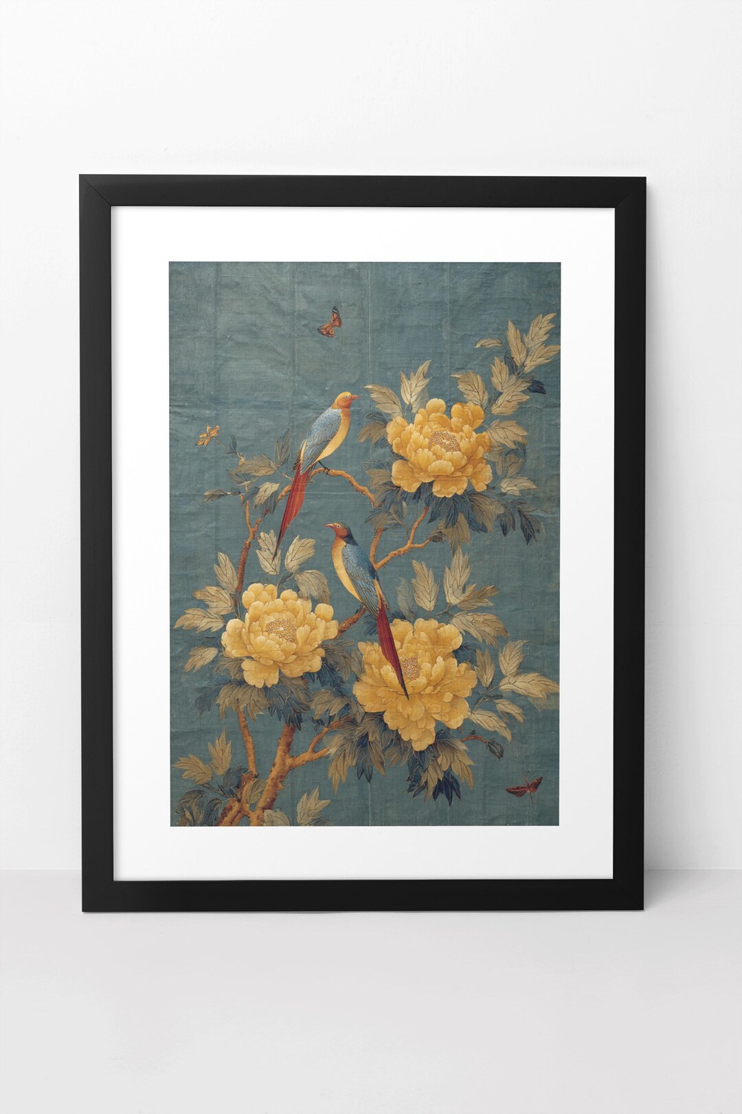 Vintage Chinoiserie Peony & Bird Wall Art: Teal Blue Botanical Mural ...