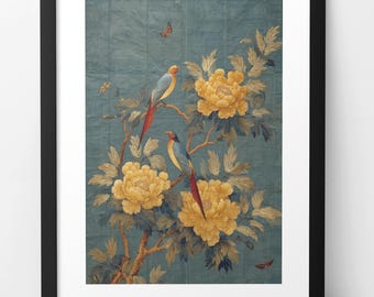 Vintage Chinoiserie Peony & Bird Wall Art: Teal Blue Botanical Mural Print - Digital Download