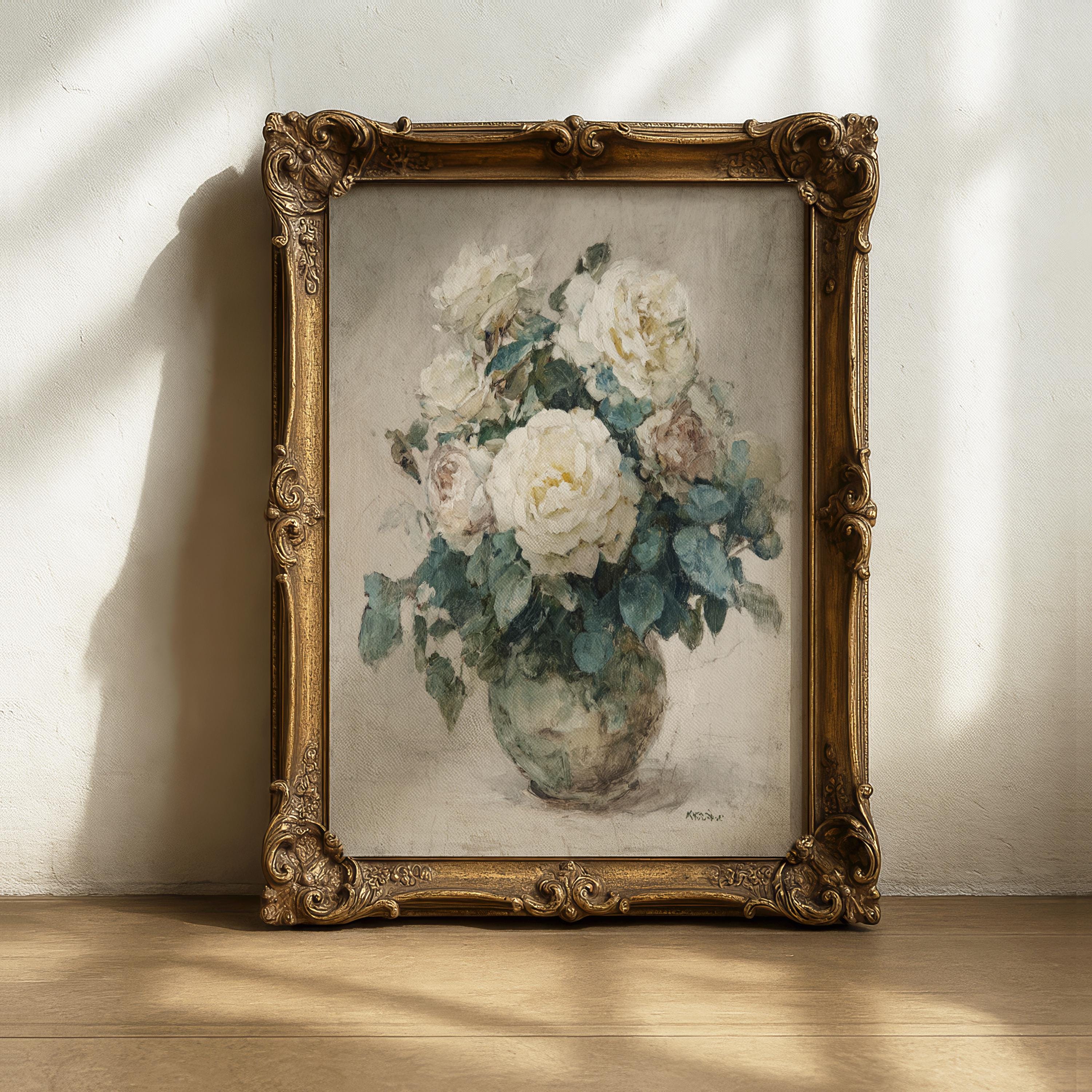 Vintage White Roses Oil Painting Print – French Country Floral Art ...