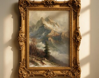 Vintage Mountain Landscape Painting, Dramatic Alpine Scene, French Country Decor (Digital Download)
