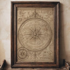 May include: A framed vintage nautical map print. The map features a large compass rose in the center, with intricate details and a sepia-toned color palette. The frame is made of dark brown wood, adding to the antique aesthetic.