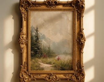 Vintage Mountain Lake Landscape Print, Rustic Forest Cottagecore Wall Art (Digital Download)