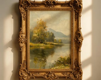 Stampa vintage di un paesaggio lacustre, arte rustica di montagna e natura (download digitale)