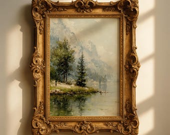 Vintage Lake Mountain Print, Rustic Pine Forest Landscape, French Country Decor (Digital Download)