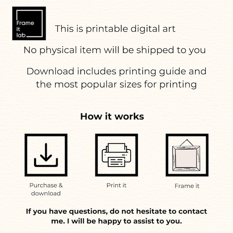 Puede incluir: Anuncio de impresi&oacute;n de arte digital. La imagen incluye el texto "This is printable digital art" e instrucciones sobre c&oacute;mo comprar, imprimir y enmarcar el arte. La imagen tiene un logotipo e iconos en blanco y negro.