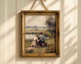 Quadro vintage con coppia romantica, stampa di un dipinto in stile cottagecore con vista sul lago, decorazione stampabile in stile country francese.