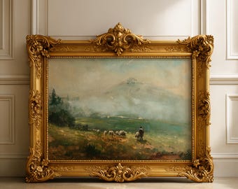 Vintage Shepherd Landscape Print, Misty Meadow, Cottagecore Wall Art (Instant Download)