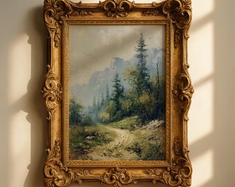 Stampa vintage di paesaggio montano, dipinto di sentiero rustico nel bosco, arredamento country francese in stile cottagecore (download digitale)