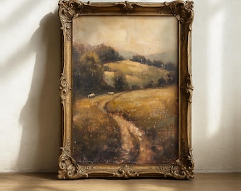 Stampa vintage di un sentiero di campagna – Paesaggio dipinto ad olio, quadro murale suggestivo di una fattoria (download digitale)