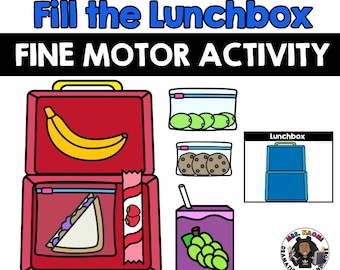 May include: A red lunchbox with a banana, sandwich, and strawberry snack. The image includes text that reads "Fill the Lunchbox FINE MOTOR ACTIVITY" and "Add delicious food to your own lunchbox."