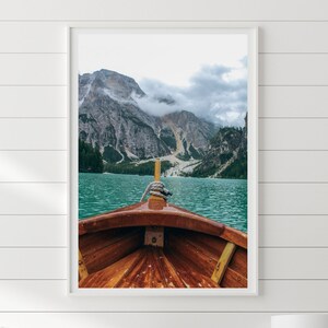 Boat Photography, Mountain Lake Poster, Boat Wall Art, Lake Printable Art, Digital Download, Mountain, Calm, Coastal Wall Art