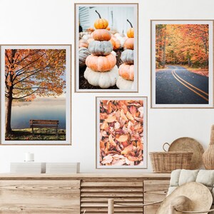 Herbst Galerie Wand Set, Herbst Wandkunst, Set von vier Drucke, digitaler Download, Kürbis Fotografie, Baum, Blätter, Herbst Natur Poster, See