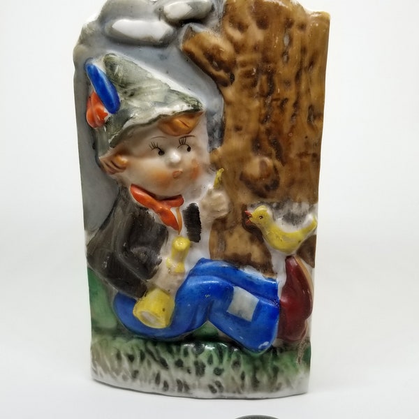 1940s Little Boy Blue & Horn Ceramic Pocket Vase - Wall Mount or Freestanding Bud Vase