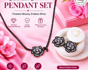 American Diamond Black Polish Floral Necklace Earrings Set, CZ Rose Jewelry