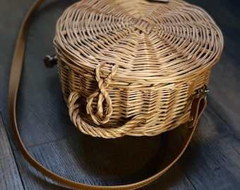 Natürliche Weiden-Einkaufshandtasche, Picknick-Weidenkorb, handgewebter Picknickkorb, handgemachte Weide und LedertascheHandgemachte Weidentasche Claudia