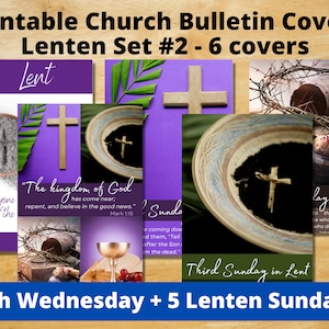 Peut inclure: Couverture de bulletin d'église imprimable pour le Carême. L'ensemble comprend six couvertures, avec des images d'une croix, un bol de cendres, une couronne d'épines et une branche de palmier. Le texte sur les couvertures comprend la phrase "Le royaume de Dieu est arrivé" et "Troisième dimanche de Carême".