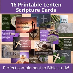 May include: A collage of 16 printable Lenten scripture cards featuring various bible verses and imagery, including crosses, a chalice, and a crown of thorns. The cards are designed to be used as a devotional tool during the Lenten season.