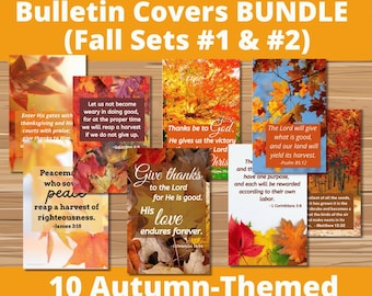 Könnte beinhalten: Eine Sammlung von zehn herbstlichen Kirchenbulletin-Umschlägen. Jede Abdeckung zeigt Herbstlaub und inspirierende Zitate aus der Bibel. Die Farben sind Orange, Rot und Gelb. Der Text lautet "Printable Church Bulletin Covers BUNDLE (Fall Sets #1 & #2)".