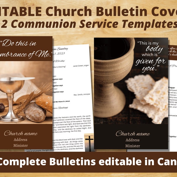EDITABLE Church Bulletin Covers - 2 Communion Bulletin Covers 5.5"x8.5" - Customizable in Canva