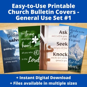 Peut inclure: Quatre couvertures de bulletin d'église imprimables avec des citations et des images inspirantes. Les couvertures présentent un ciel bleu foncé avec des nuages, un fond vert feuillu avec une fleur blanche, une porte en bois avec une poignée en laiton et une chaîne de montagnes avec un ciel bleu.