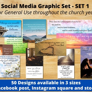 May include: A set of 50 social media graphics for churches, featuring inspirational quotes and verses from the Bible. The graphics are available in three sizes: Facebook post, Instagram square, and Instagram story.